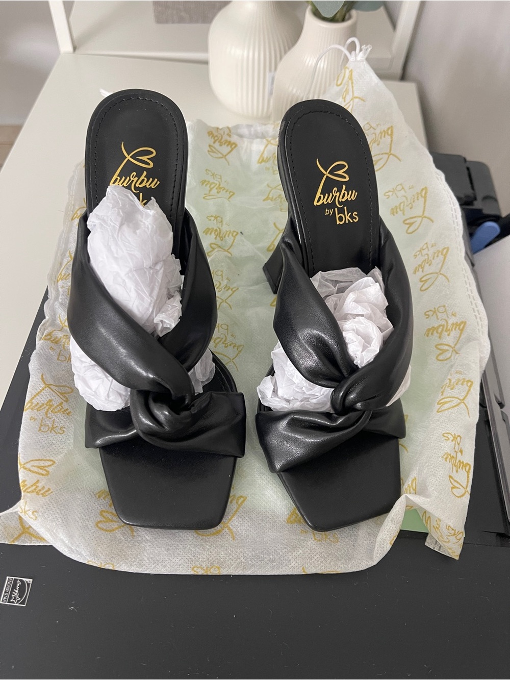 Bakers Black Knotted Leather Slide Heels